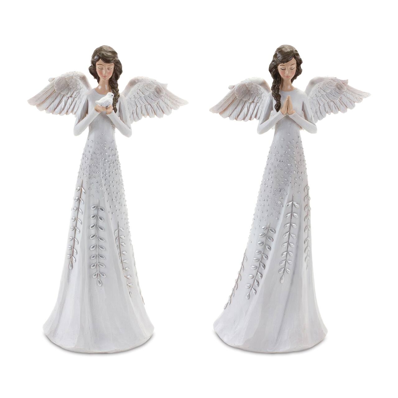 12" Angel Figurines with Silver Floral Accent Set